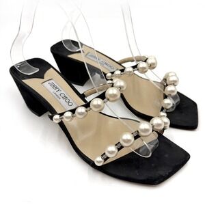 Jimmy Choo Amara 45 Sandals Black Suede Pearl Embellished Block Heel Sz 39 / 9